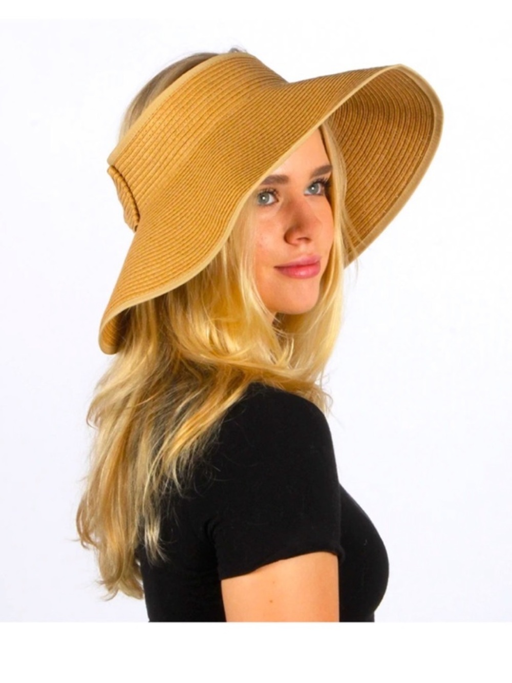 David and Young Wide-Brim Sun Visor Hat Straw Yellow Edge Packable Adjustable